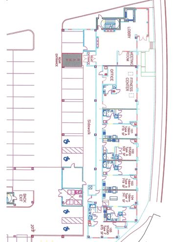 Derby apartment for rent - A floor plan of a building with a lobby, elevator, and various rooms including an office center and fitness center.