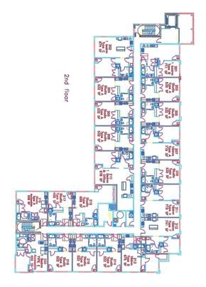 Derby apartment for rent - A floor plan of a building with rooms and corridors labeled in red and blue text.