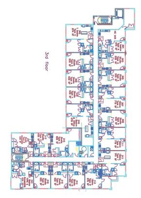 Derby apartment for rent - A blue and red floor plan of a building with rooms labeled.