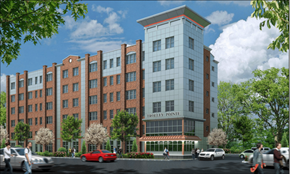 Derby apartment for rent - A rendering of a modern building named Trolley Pointe with a red car in front.