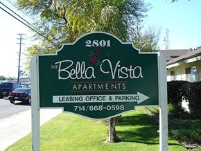 Santa Ana apartment for rent - A sign for Bella Vista Apartments with a phone number for the leasing office and parking.