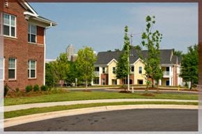 Raleigh townhouse for rent - A tree stands in front of a building with a grassy area in front of it.
