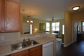 Raleigh apartment for rent - A kitchen with wooden cabinets and a white dishwasher.