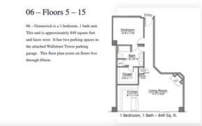 Kansas City apartment for rent - A floor plan for a 1 bedroom, 1 bath unit is shown.
