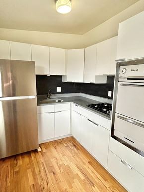 Lakewood apartment for rent - A woman walking her dog in a park with a city skyline in the background.