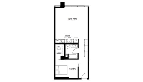 Floor plan for 1 bed, 1 bath, 734 sqft
