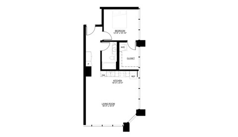 Floor plan for 1 bed, 1 bath, 743 sqft