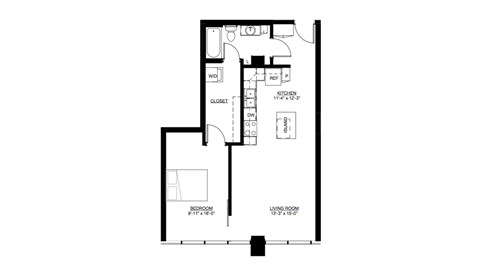 Floor plan for 1 bed, 1 bath, 746 sqft