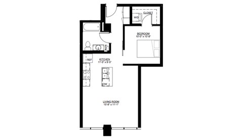 Floor plan for 1 bed, 1 bath, 681 sqft