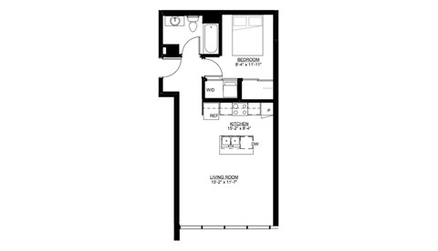 Floor plan for 1 bed, 1 bath, 594 sqft