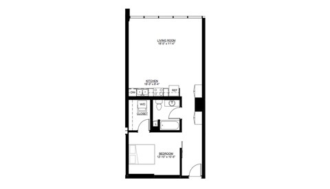Floor plan for 1 bed, 1 bath, 773 sqft