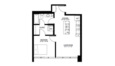 Floor plan for 1 bed, 1 bath, 567 sqft