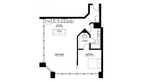 Floor plan for 1 bed, 1 bath, 855 sqft