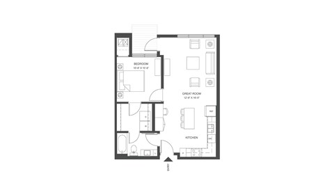 Floor plan for 1 bed, 1 bath, 698 sqft