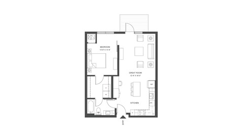 Floor plan for 1 bed, 1 bath, 728 sqft