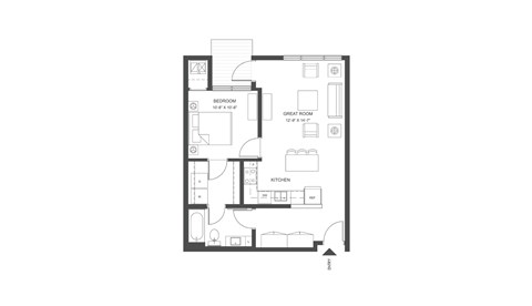 Floor plan for 1 bed, 1 bath, 698 sqft