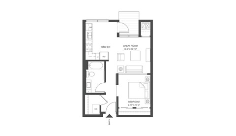 Floor plan for 1 bed, 1 bath, 587 sqft