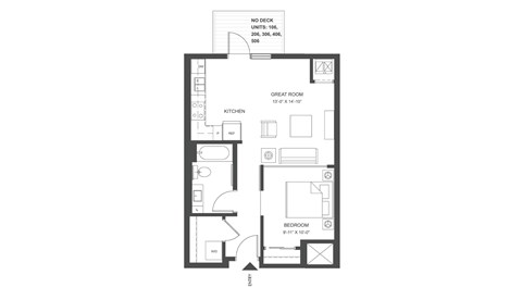 Floor plan for 1 bed, 1 bath, 617 sqft