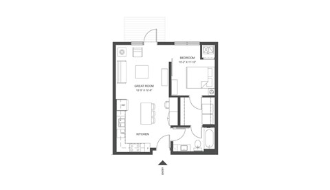 Floor plan for 1 bed, 1 bath, 619 sqft