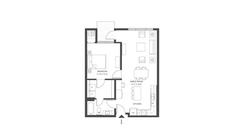 Floor plan for 1 bed, 1 bath, 784 sqft