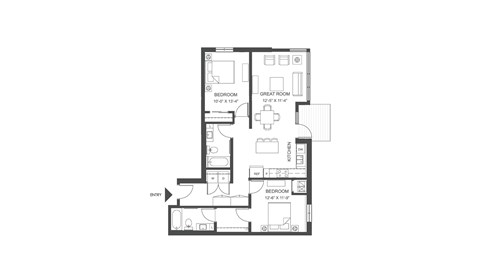 Floor plan for 2 beds, 2 baths, 1027 sqft