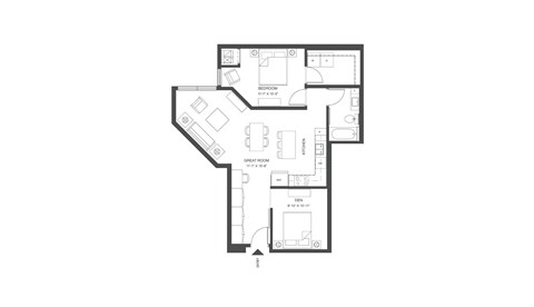 Floor plan for 1 bed, 1 bath, 851 sqft