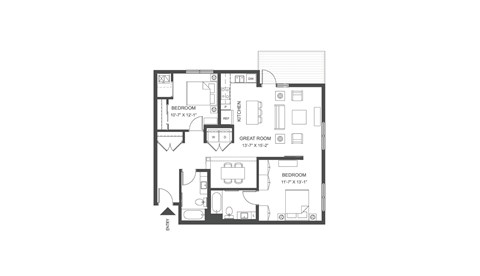 Floor plan for 2 beds, 2 baths, 1110 sqft