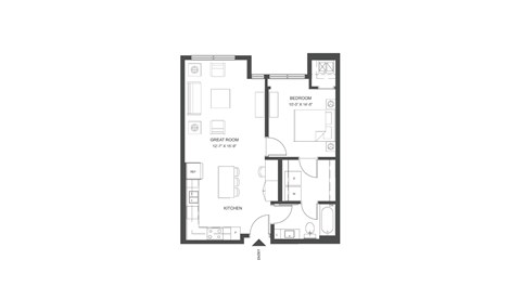 Floor plan for 1 bed, 1 bath, 644 sqft