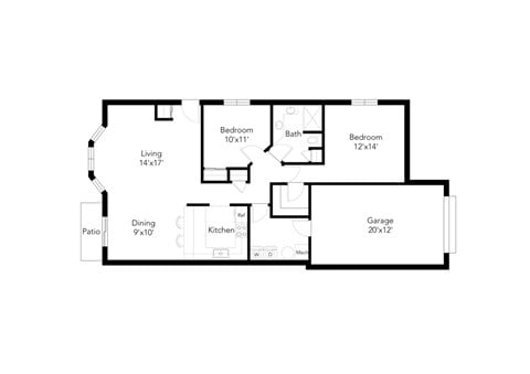 Floor plan for 2 beds, 1 bath, 1207 sqft