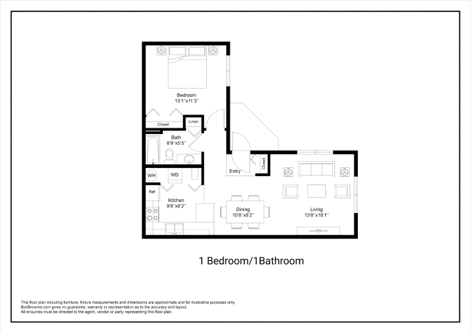 Floor plan for 1 bed, 1 bath, 745 sqft