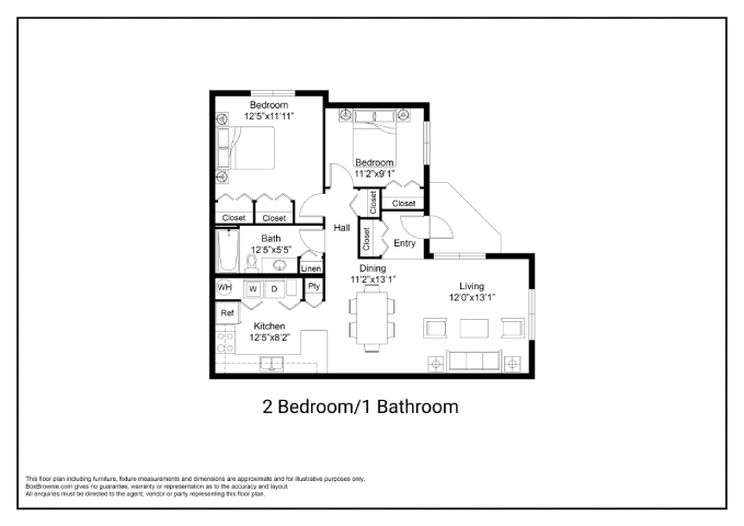 Floor plan for 2 beds, 1 bath, 1000 sqft