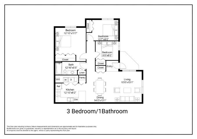 Floor plan for 3 beds, 1 bath, 1080 sqft