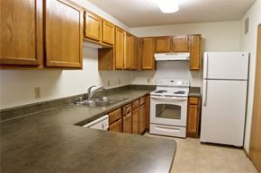 White Bear Lake apartment for rent - A kitchen with white appliances and wooden cabinets.