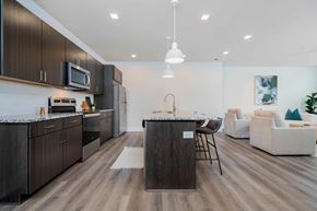 Lewis Center apartment for rent - A modern kitchen with dark wood cabinets and a white countertop.