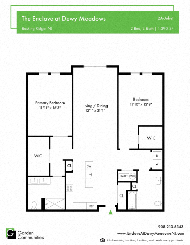 Floor plan for 2 beds, 2 baths, 1390 sqft
