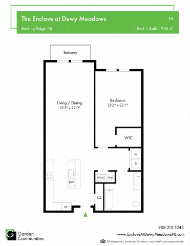 Floor plan for 1 bed, 1 bath, 946 sqft