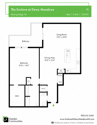 Floor plan for 1 bed, 1.5 baths, 1208 sqft