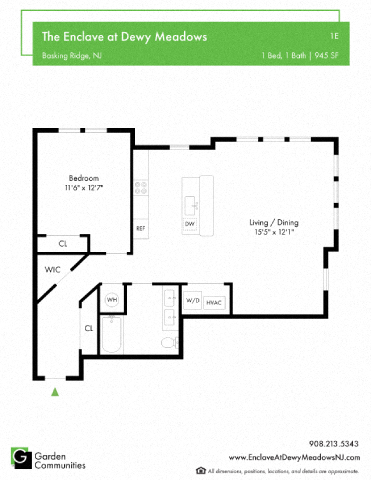 Floor plan for 1 bed, 1 bath, 945 sqft
