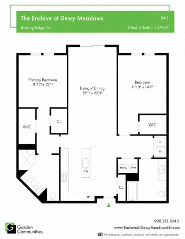 Floor plan for 2 beds, 2 baths, 1370 sqft