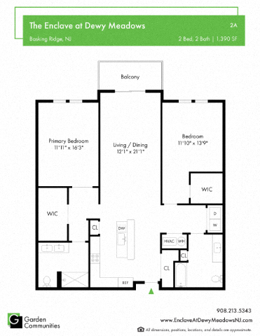 Floor plan for 2 beds, 2 baths, 1390 sqft