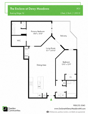 Floor plan for 2 beds, 2 baths, 1395 sqft