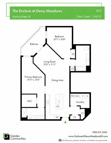 Floor plan for 2 beds, 2 baths, 1365 sqft