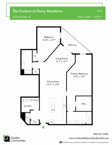 Floor plan for 2 beds, 2 baths, 1406 sqft