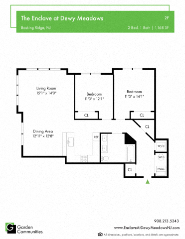 Floor plan for 2 beds, 1 bath, 1168 sqft