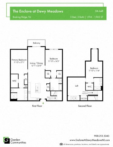 Floor plan for 3 beds, 3 baths, 1943 sqft