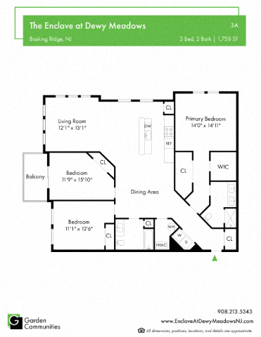 Floor plan for 3 beds, 2 baths, 1758 sqft