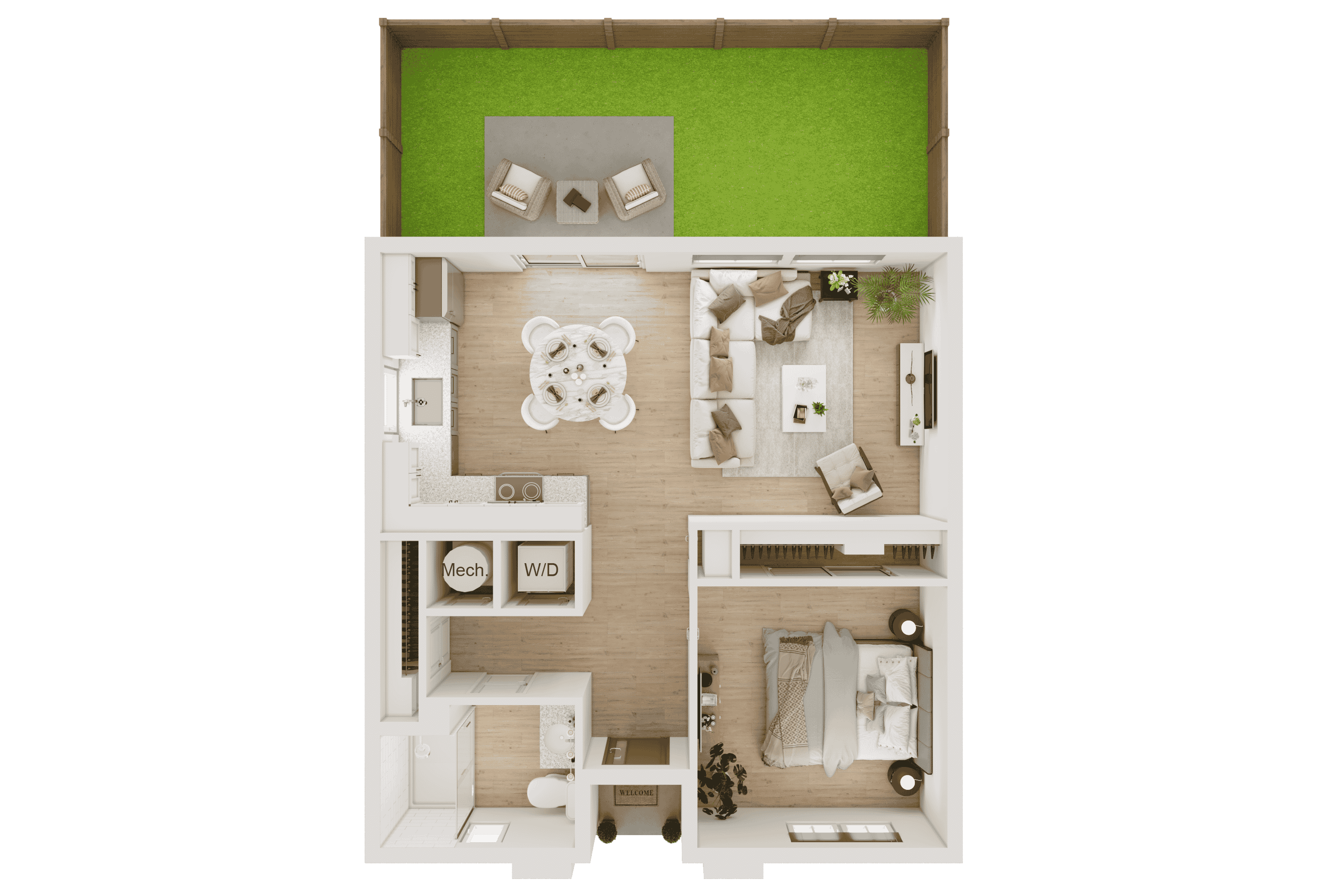 Floor plan for 1 bed, 1 bath, 635 sqft