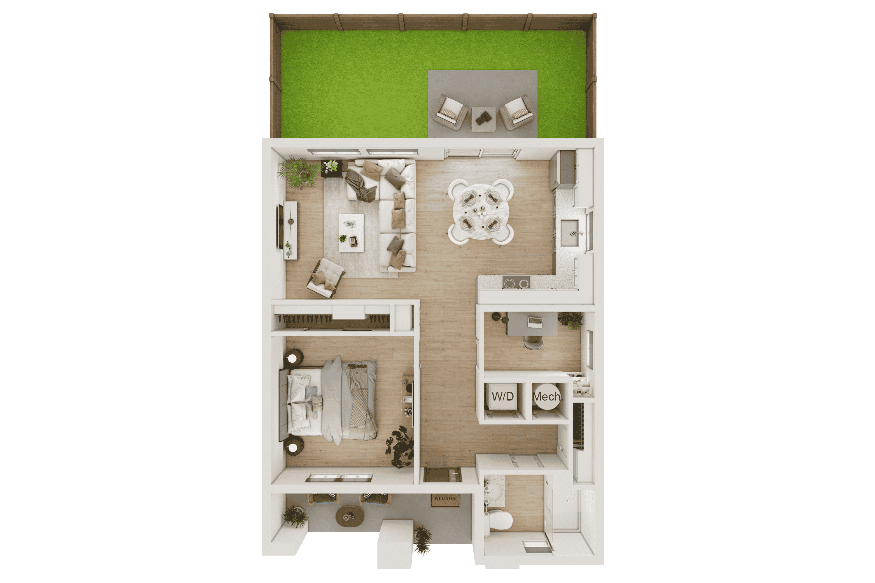 Floor plan for 1 bed, 1 bath, 698 sqft