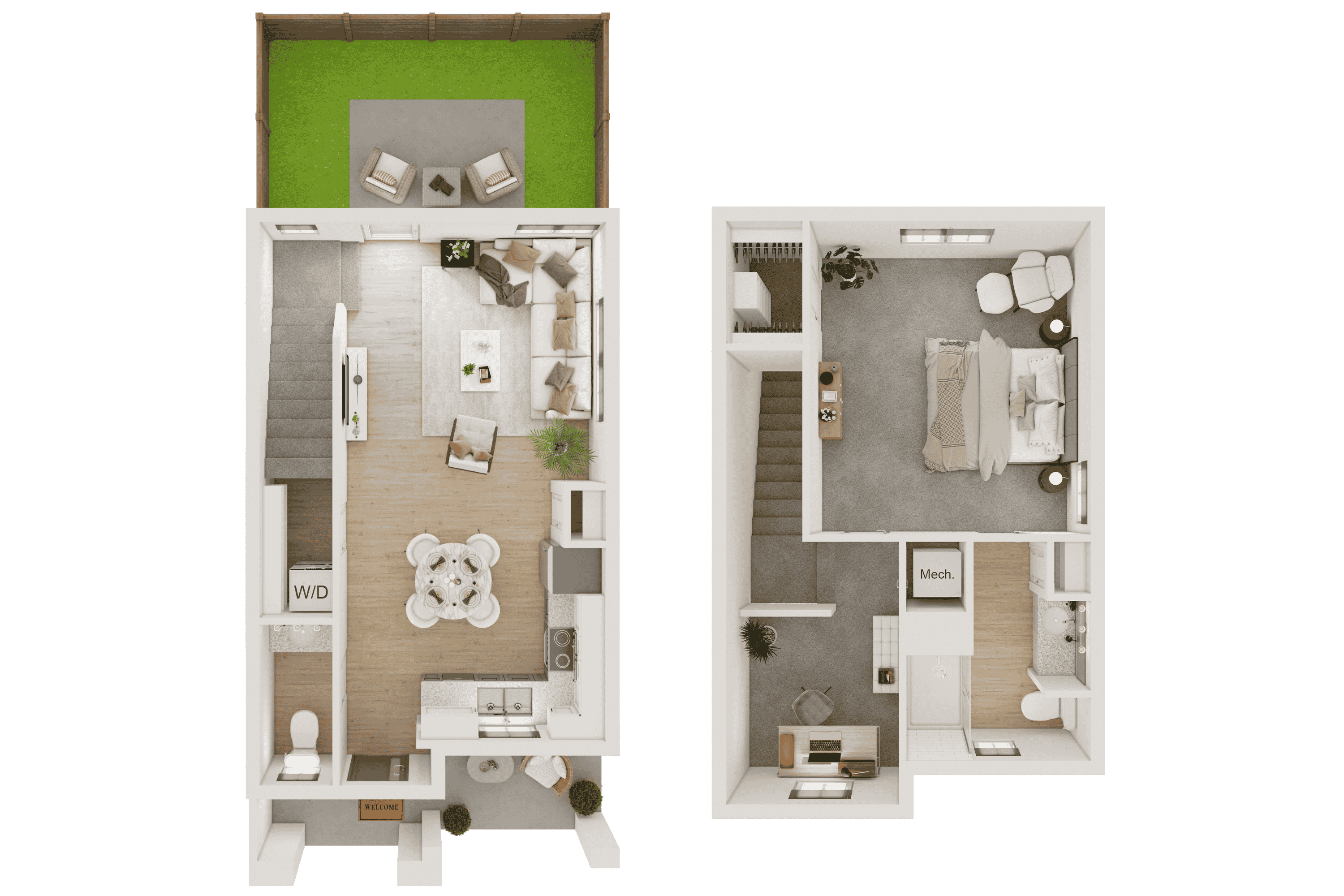 Floor plan for 1 bed, 1.5 baths, 900 sqft