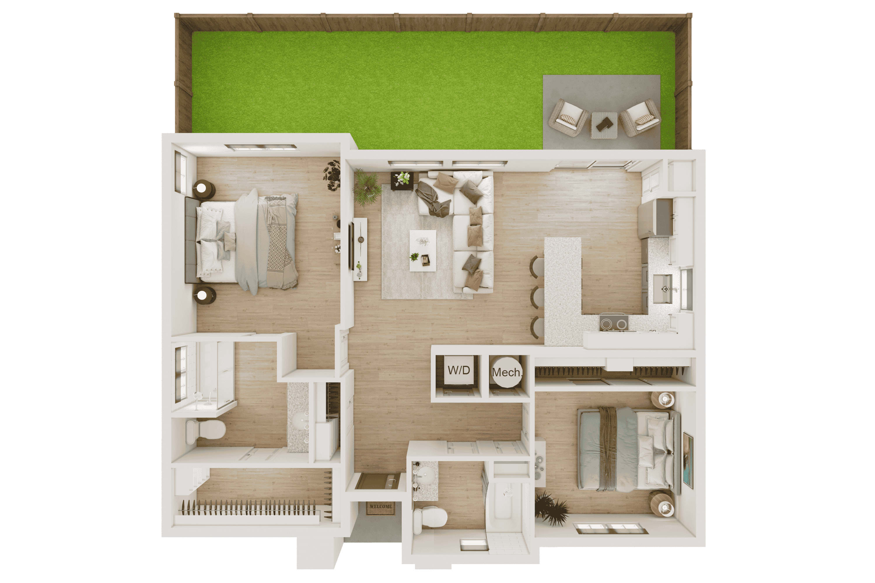 Floor plan for 2 beds, 2 baths, 995 sqft